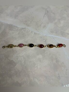 Vintage Gold-Tone Scarab Multicolor Carved Stone Link Bracelet - Women